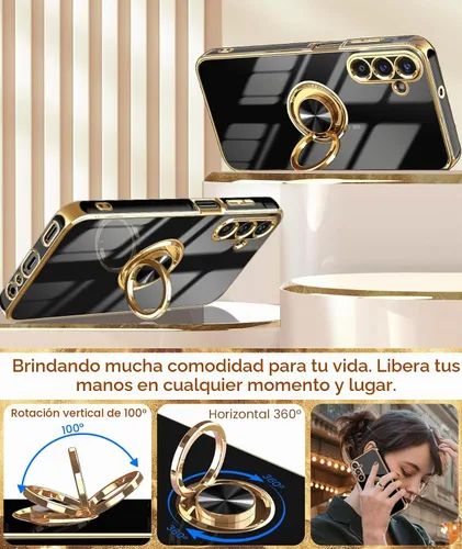 Vista 4 de Dretal Funda para Samsung Galaxy A15 5G, protector de pantalla, soporte de anillo giratorio de 360°, soporte magnético, borde dorado plateado, funda