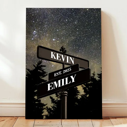 Vista 20 de Señal de calle vintage personalizada para parejas en lienzo, nombres y fecha personalizados, regalos de Navidad para ella o él, regalo del Día
