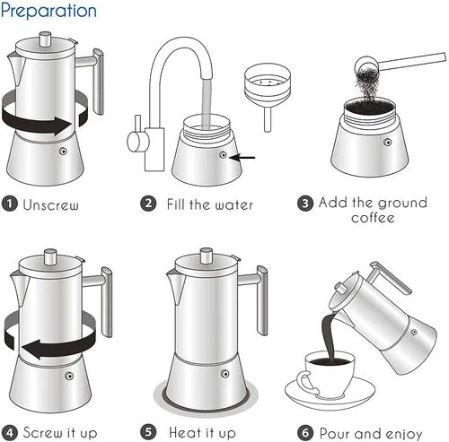 Vista 5 de Easyworkz Diego - Cafetera de café expreso para estufa, 4 tazas, 6.8 onzas, con mango largo hueco de acero inoxidable, cuchara medidora de 0.27