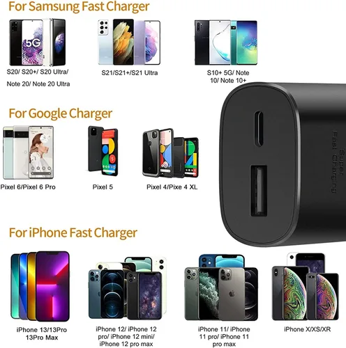 Vista 4 de Cargador tipo C, cargador de pared USB C de 25 W, carga rápida de doble puerto, compatible con Samsung Galaxy S22/S22 Plus/S20/S21 Ultra Plus, Note