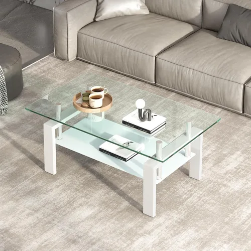 Vista 7 de Mesa de centro moderna de vidrio, mesas de té de vidrio templado negro de 2 niveles para sala de estar, rectangular de 39.4 x 23.7 x 17.72 pulgadas