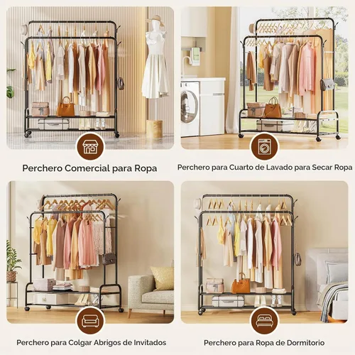 Vista 7 de TigerParty Perchero de doble barra para colgar ropa, perchero rodante con ruedas, estantes de ropa independientes con 2 estantes para dormitorio