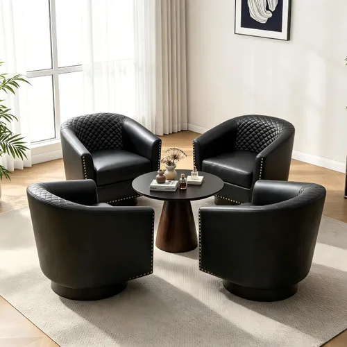 Vista 24 de Pia Ricco Silla de Acento Tipo Barril de Cuero Sintético, Silla de Club Moderna con Brazos, Cómoda Silla Individual Tapizada con Patas de Madera