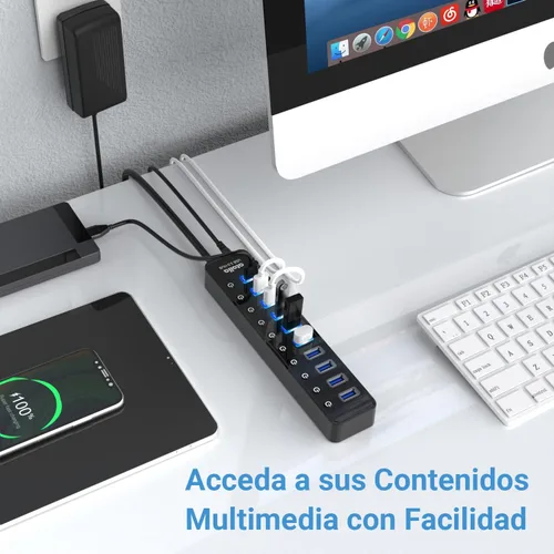Vista 6 de Concentrador USB 3.0 alimentado, divisor de concentrador de datos USB de 10 puertos con interruptores individuales de encendido/apagado y adaptador