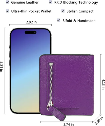 Vista 5 de BIG SALE-AINIMOER billetera de bolsillo pequeña con cremallera, plegable, compacta de cuero con bloqueo por identificación por radiofrecuencia