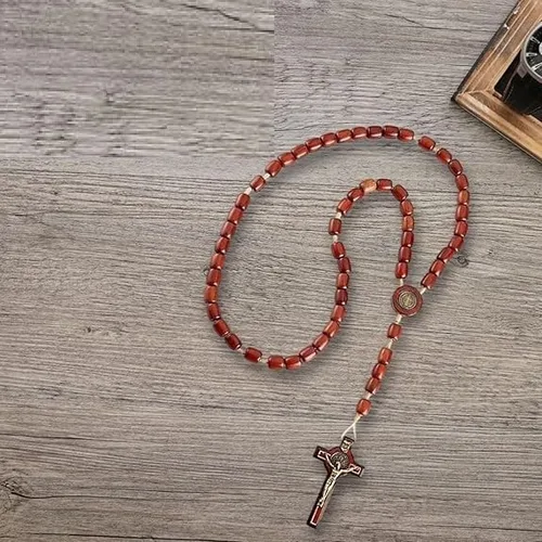 Vista 7 de Catholica Shop Rosario de cuentas de madera de San Benito para hombres y mujeres con crucifijo y medalla de San Benito. Hecho en Brasil