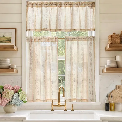 Vista 14 de Jinchan - Juego de cortinas y cenefas de cocina estilo bohemio negro sobre beige y bolsillo para barra Boho Negro sobre Beige
