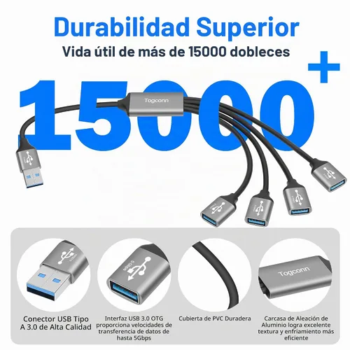 Vista 2 de Divisor USB 3.0 de 1 en 4 salidas Cable adaptador Y de 1 pie, cable de extensión USB-A 3.0 macho de 5 Gbps a cuatro 4 hembras, 4 USB tipo A USB A