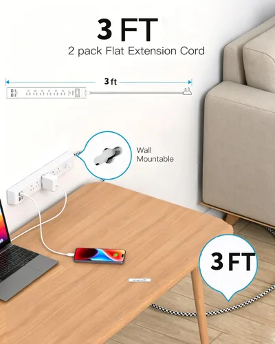 Vista 4 de Paquete de 2 regletas de alimentación, cable de extensión de 3 pies, protector de sobretensiones con 6 tomas de corriente y 4 puertos USB (2 USB C)