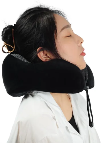 Vista 7 de Almohada de viaje de espuma viscoelástica, almohada para el cuello con soporte de cabeza de 360 grados, cómoda ideal para dormir en avión, Negro