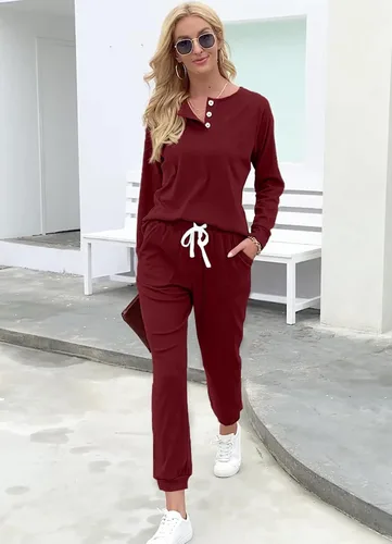 Vista 42 de Wiholl - Conjuntos de dos piezas para mujer: ropa cómoda con sudadera abotonada y pantalones deportivos con bolsillos