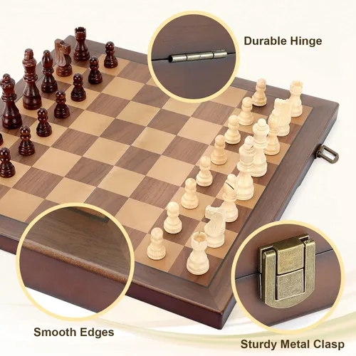 Vista 6 de Juego de ajedrez de madera magnética para adultos y niños, tablero de ajedrez de 12" con piezas hechas a mano, juego de ajedrez plegable y portátil