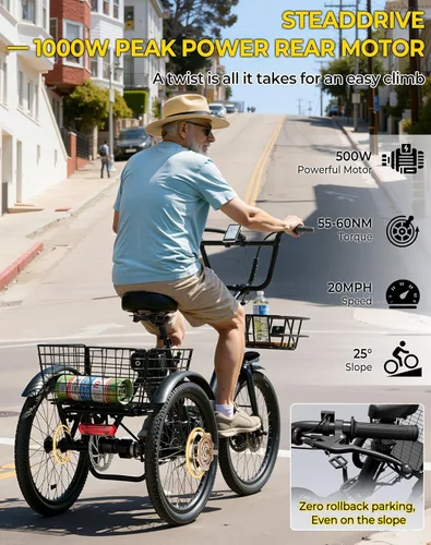 Vista 4 de Skeri Triciclo eléctrico, triciclo eléctrico de 1000 W para adultos, bicicleta eléctrica plegable de 3 ruedas de 20 pulgadas, triciclo E con batería