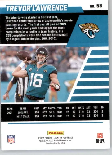 Vista 2 de Football Trading Card NFL 2022 Panini Zenith Retail #58 Trevor Lawrence NM Near Mint Jaguars