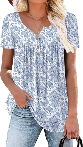 Vista 2 de Blusa casual con cuello en V tipo Henley para mujeres, camisa con botones, acampanada y holgada