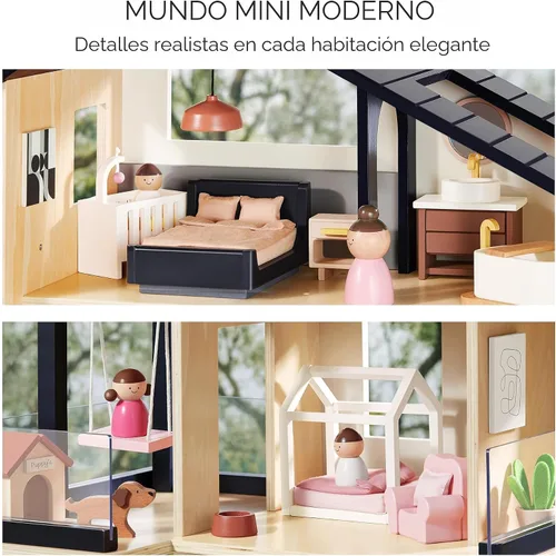 Vista 3 de Tiny Land Casa de muñecas, casa de muñecas familiar moderna con diseño realista, casa de muñecas de madera con muebles de 53 piezas, regalo ideal