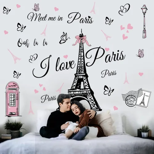 Vista 5 de Pegatinas de pared de la Torre Eiffel de París, calcomanía para dormitorio, sala de estar, fondo de sofá, decoración de pared de TV, decoración