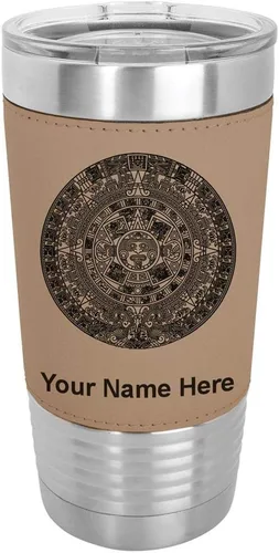 Vista 17 de LaserGram Vaso aislado al vacío de 20 onzas, calendario azteca, grabado personalizado incluido (piel sintética, estilo béisbol)