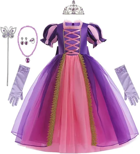 Vista 7 de REXREII Disfraz de princesa Sofía para niñas, disfraz de Halloween, Navidad, fiesta, cumpleaños, noche, vestido de baile con accesorios
