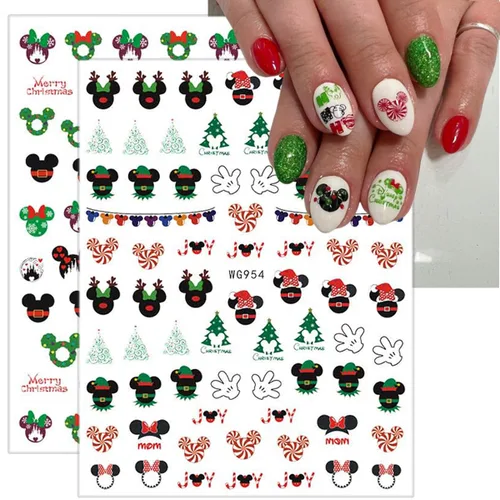 Vista 2 de 8 hojas de calcomanías navideñas para decoración de uñas, calcomanías de dibujos animados 3D con diseños de árboles de guirnalda de Navidad