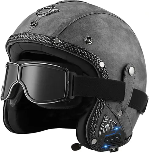 Vista 10 de Casco retro de motocicleta con Bluetooth, casco de cuero Jet con gafas personalizadas, medio casco de motocicleta 3/4 aprobado por DOT, casco