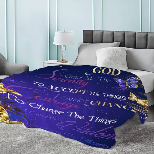 Vista 4 de Manta de franela con diseño de mariposas moradas y serenidad estrellada, color azul dorado, inspirador cristiano, pensamientos religiosos