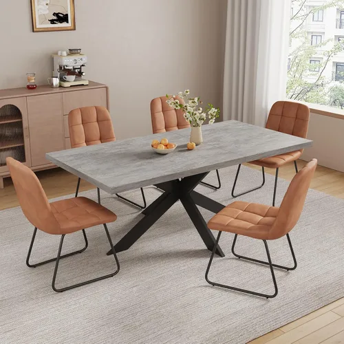 Vista 13 de ZckyCine Juego de mesa de comedor extensible de 6 piezas, moderna mesa de madera gris de 63 a 79 pulgadas con 6 sillas de tela gris, mesa de comedor