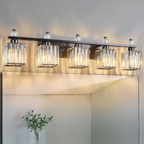 Vista 21 de Luces de Tocador de Baño de 3 Luces, Placado Negro, Modernas Luces de Tocador de Cristal para Baño, Luces de Tocador de Cristal para Usar Sobre
