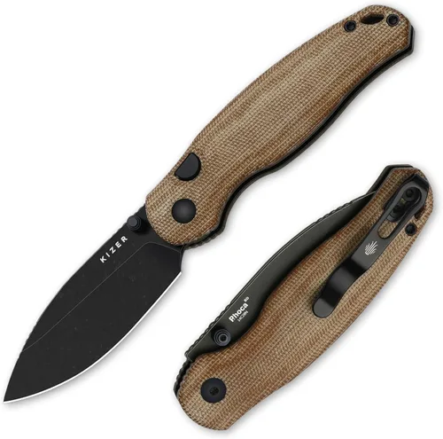 Vista 11 de Kizer Phoca BD - Cuchillo de bolsillo, 2.95 pulgadas, hoja plegable D2 Black G10 Handle, Gray PVD Coating & Stonewashed Finish, Thumb Stud Opener