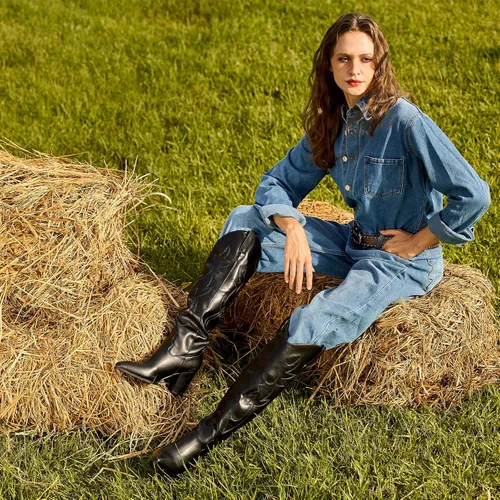 Vista 4 de Mostrin Botas vaqueras bordadas para mujer, botas vaqueras con punta puntiaguda, botas altas hasta la rodilla, tacón grueso, botas occidentales