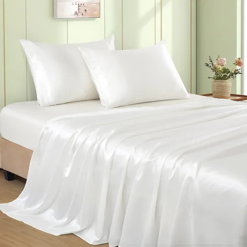 Vista 19 de VACVELT Juego de 3 sábanas de satén color beige tamaño individual, juego de ropa de cama, sábana bajera de satén sedoso con bolsillo profundo de 15