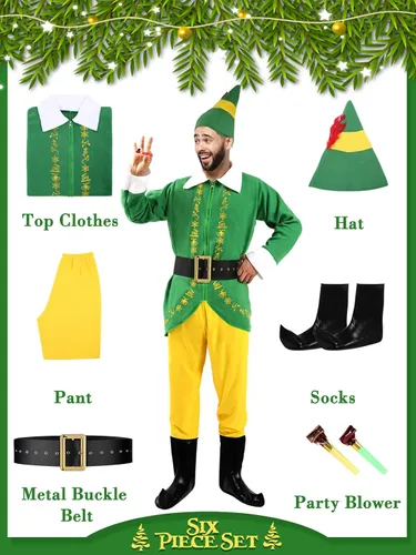 Vista 5 de Disfraz de elfo para hombre disfraz de amigo para Halloween Navidad cosplay conjunto completo de disfraces de fantasía trajes de fiesta verdes