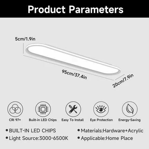 Vista 3 de Lámpara de techo LED de metal de 37.4", delgada, iluminada por los bordes - lámparas lineales de espectro completo de 55W, 6500K, lámpara de techo