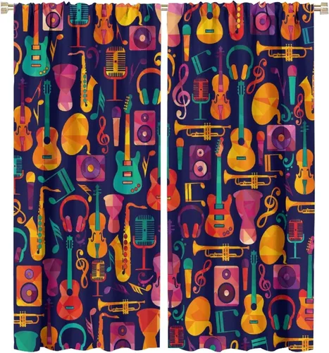 Vista 32 de Cortinas abstractas con notas musicales de piano, temática musical de piano, decoración de dormitorio de niños y niñas, arte rústico retro
