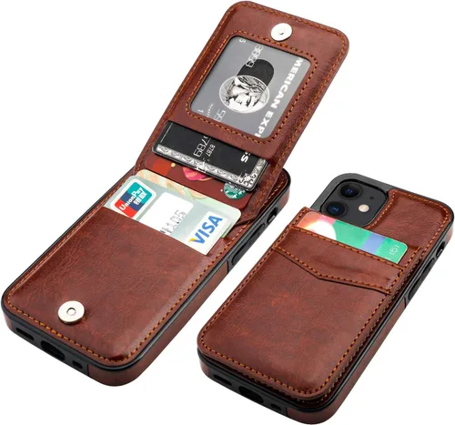Vista 16 de KIHUWEY - Funda tipo cartera para iPhone 12 Mini, soporte para tarjetas, color negro Ranuras para tarjetas de crédito, piel sintética, cierre