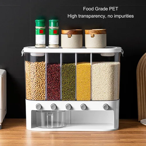 Vista 3 de Dispensador de alimentos secos de 5 rejillas, dispensador de cereales transparentes de 16.1 x 6.3 x 13.2 pulgadas con tapa extraíble, recipiente