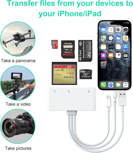 Vista 4 de Multi 8 en 1 Lightning/USB C/USB A lector de tarjetas de memoria para iPhone 15 14 13/iPad/Android/Samsung/Mac Book/Laptop/Cámara/Disco Duro/Unidad