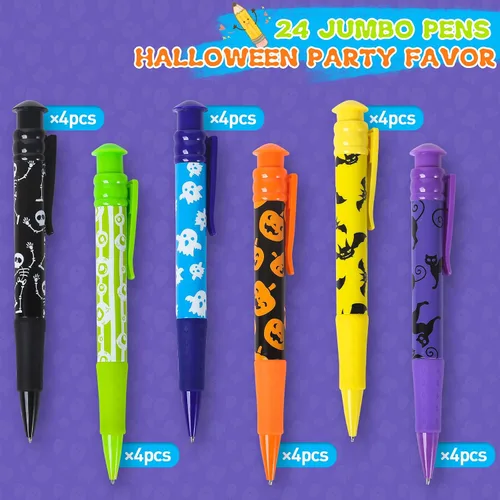 Vista 3 de Shemira Recuerdos de fiesta de Halloween para niños, 24 bolígrafos jumbo en 6 diseños temáticos surtidos de Halloween para truco o trato, relleno