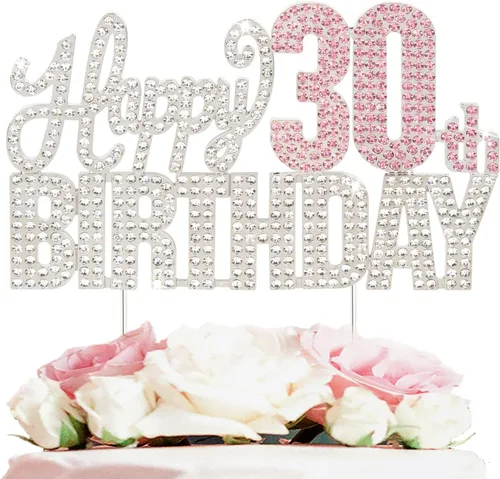 Vista 17 de Decoración de pastel de diamantes de imitación rosa y plateado con texto en inglés "Cheers to 11 Years Old Eleven Bday" de metal brillante