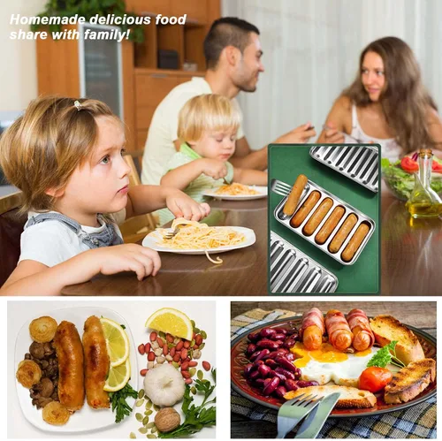 Vista 2 de Molde de salchicha de acero inoxidable con 6 cavidades para perros calientes caseros, molde antiadherente para perritos calientes para horno