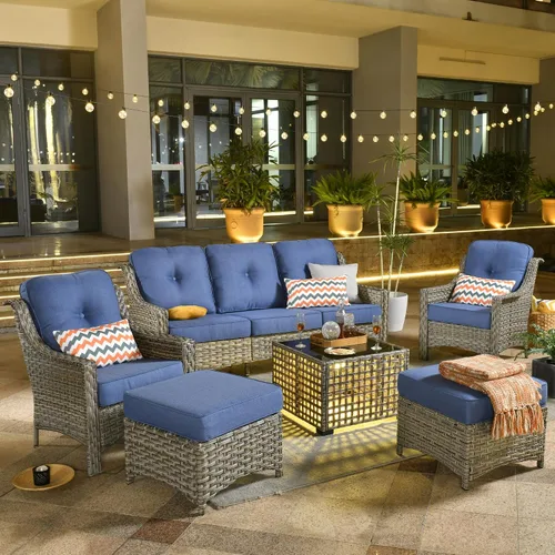 Vista 12 de ovios Muebles de patio al aire libre de 4 piezas con sofá de 3 asientos, juego de cubierta de mimbre de ratán con respaldo alto, sofá individual