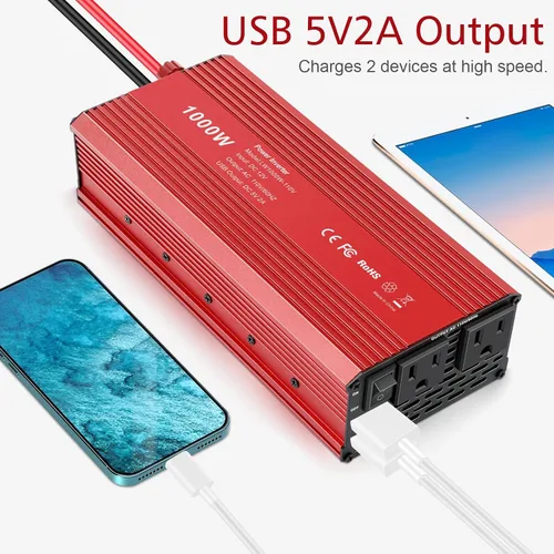 Vista 6 de Fancy Buying Inversor de corriente de 1000 W/2000 W (pico) para vehículos, convertidor de CC de 12 V a 110 V CA con dos salidas de CA y cargador