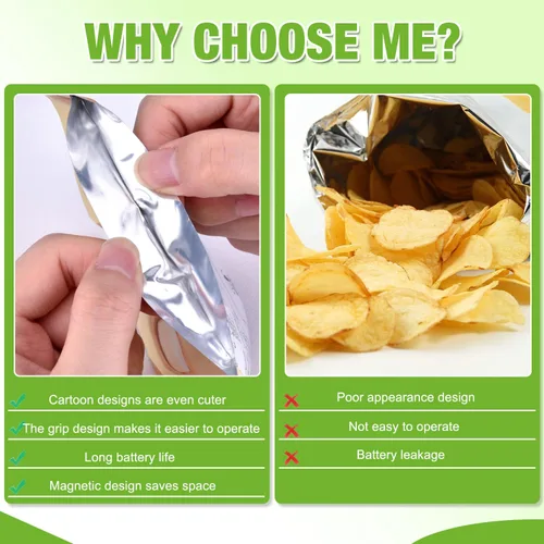 Vista 5 de Mini sellador de bolsas 2 en 1 con cortador e imán, diseño de cocodrilo, máquina de sellado portátil para papas fritas, aperitivos, verduras, Verde