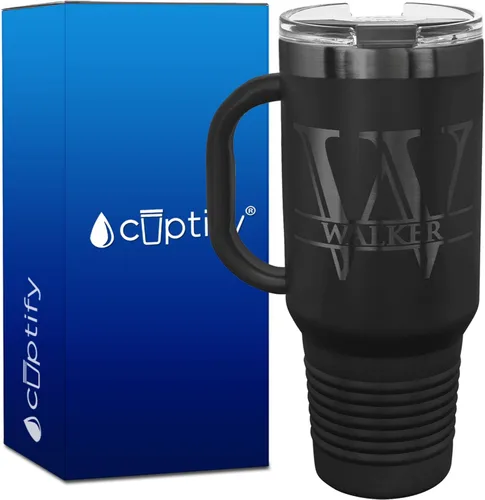 Vista 115 de Vaso personalizado de regalo de cumpleaños para mujeres y hombres, con monograma de escritura dividida, inicial y nombre grabado en negro, taza