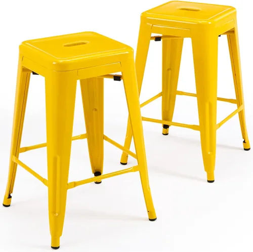 Vista 12 de Vogue Furniture Direct 24" Taburetes de bar de metal sin respaldo negros para interiores/exteriores, altura para encimera con asiento cuadrado