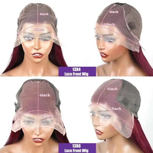 Vista 3 de bunGiol Pelucas de cabello humano con encaje frontal color borgoña 99j de 13 x 6 pulgadas, prearrancadas, pelucas de cabello humano lacio HD