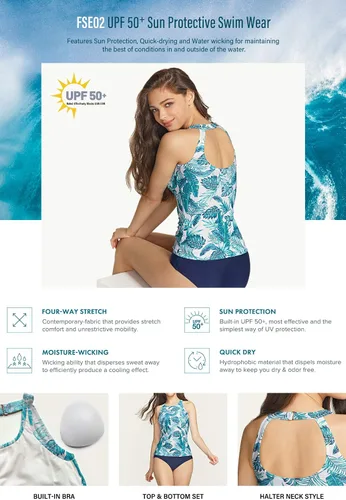 Vista 7 de TSLA - Conjunto de traje de baño de dos piezas para mujer con cuello alto y tankini
