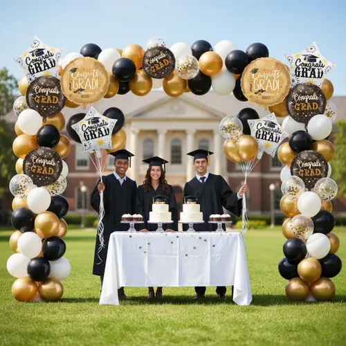 Vista 5 de Juego de decoraciones de globos de aluminio de graduación 2026, 8 globos redondos y de estrella de Congrats 2026 negros y dorados, globos de clase