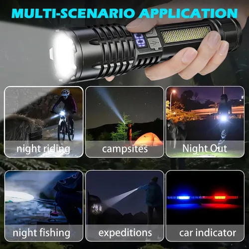 Vista 4 de Linternas LED recargables de alto lúmenes, linterna súper brillante de 10000 lm con pantalla digital LCD, 5 modos, linterna de mano ajustable USB C