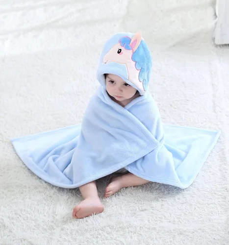 Vista 7 de TONWHAR Manta con capucha de cara de animal para bebés y niños de 0 a 4 años, manta de felpa para después del baño (caballo azul)